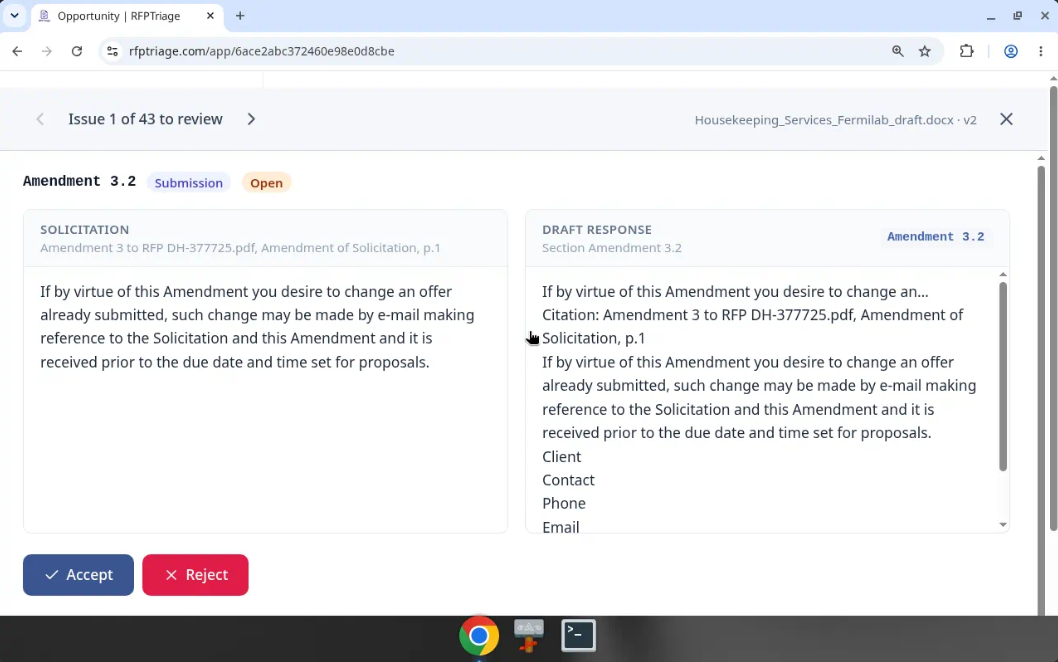 Draft Review checks your draft against each requirement, side by side, so nothing slips through unanswered.